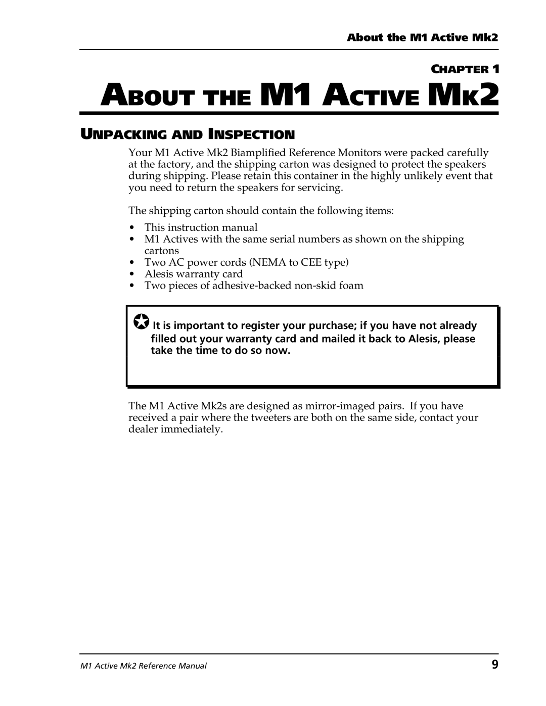 Alesis M1 Active Mk2 manual About the M1 Active MK2, Unpacking and Inspection, Chapter 