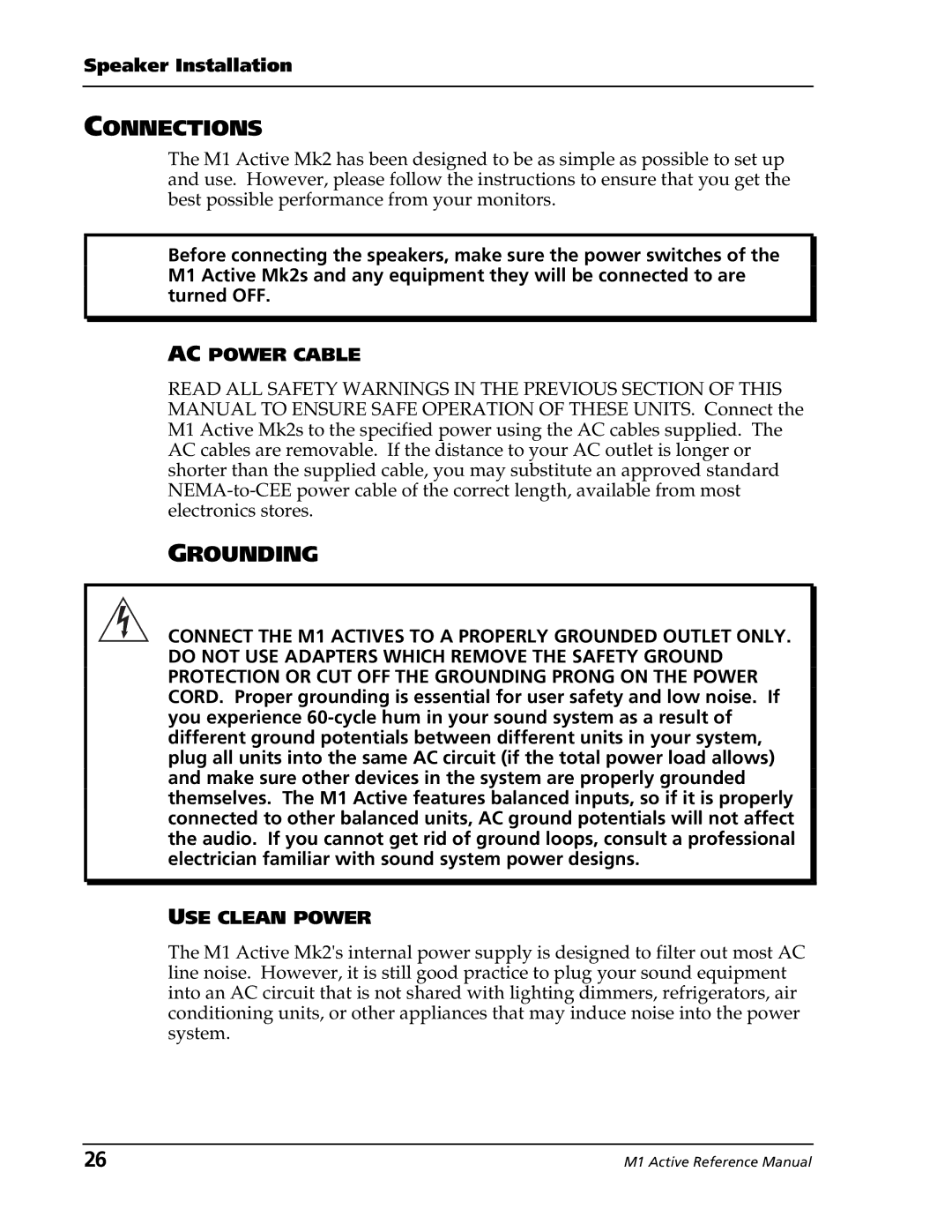 Alesis M1 Active Mk2 manual Connections, Grounding, AC Power Cable, USE Clean Power 