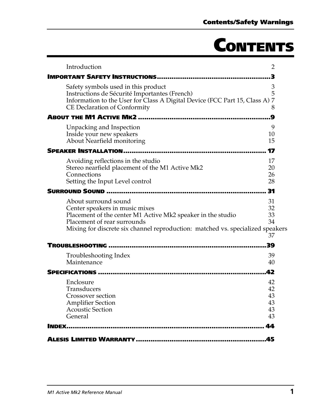 Alesis M1 Active Mk2 manual Contents 