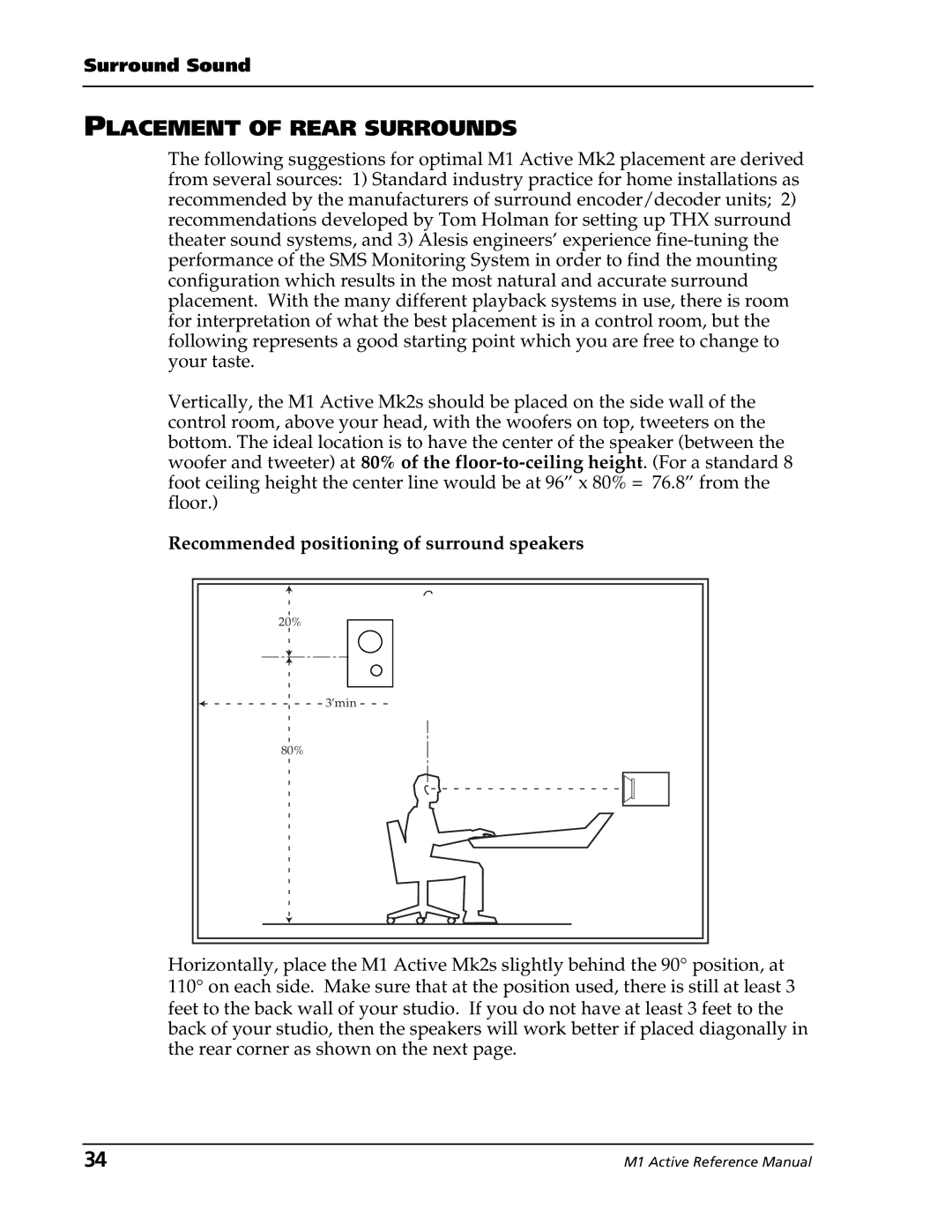 Alesis M1 Active Mk2 manual Placement of Rear Surrounds, Recommended positioning of surround speakers 