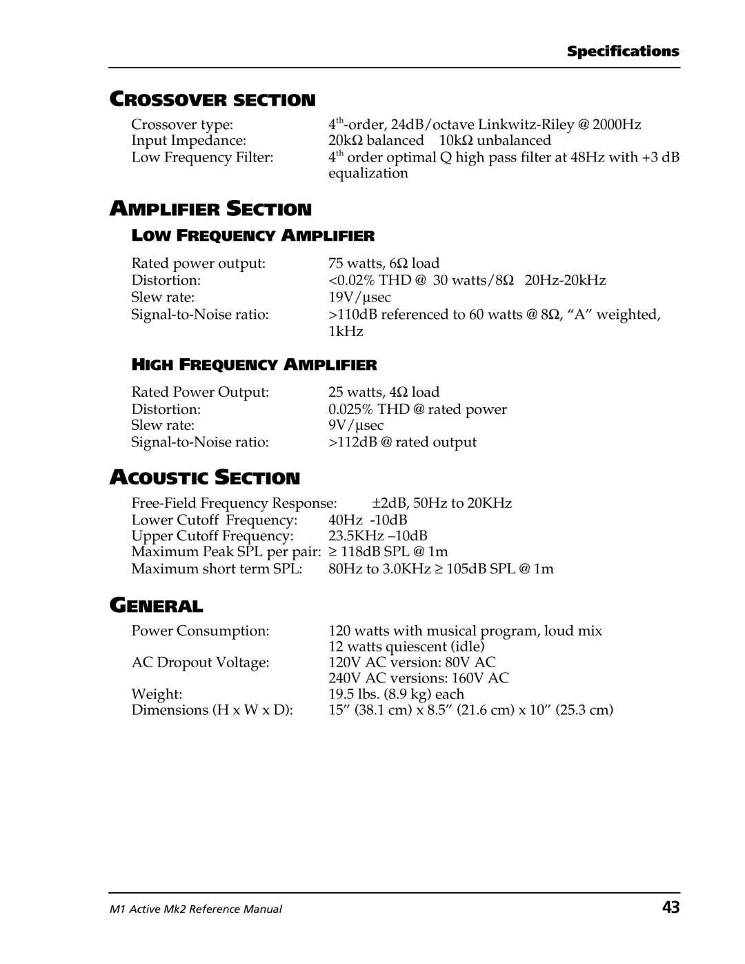 Alesis M1 Active Mk2 manual Crossover Section, Amplifier Section, Acoustic Section, General 