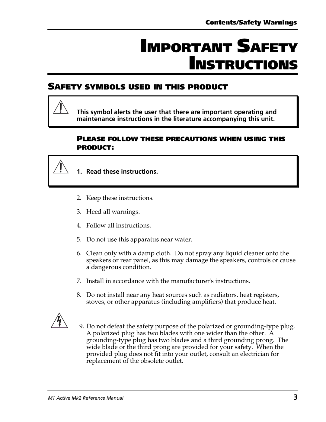 Alesis M1 Active Mk2 manual Important Safety Instructions, Safety Symbols Used in this Product 