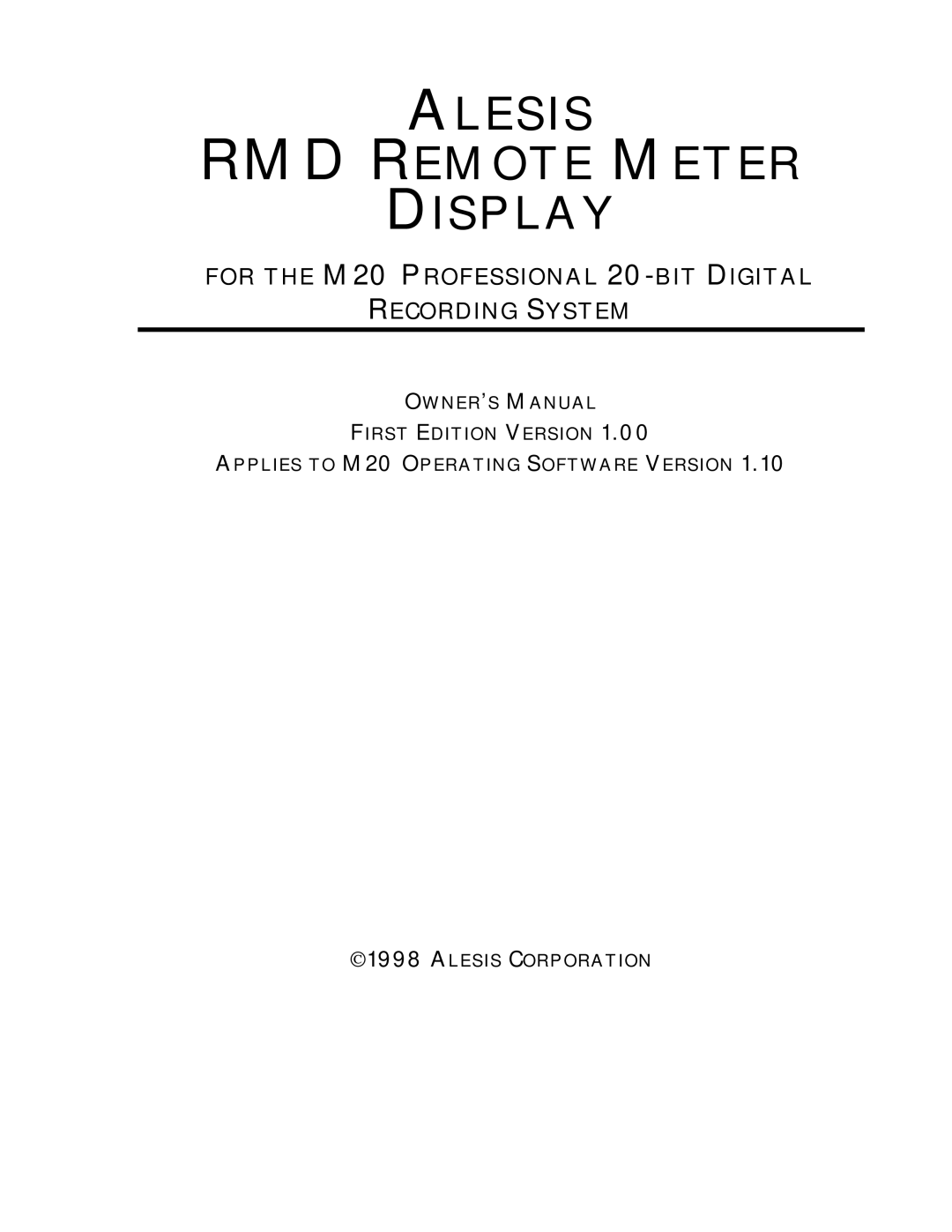 Alesis owner manual Alesis RMD Remote Meter Display, For the M20 Professional 20-BIT Digital Recording System 