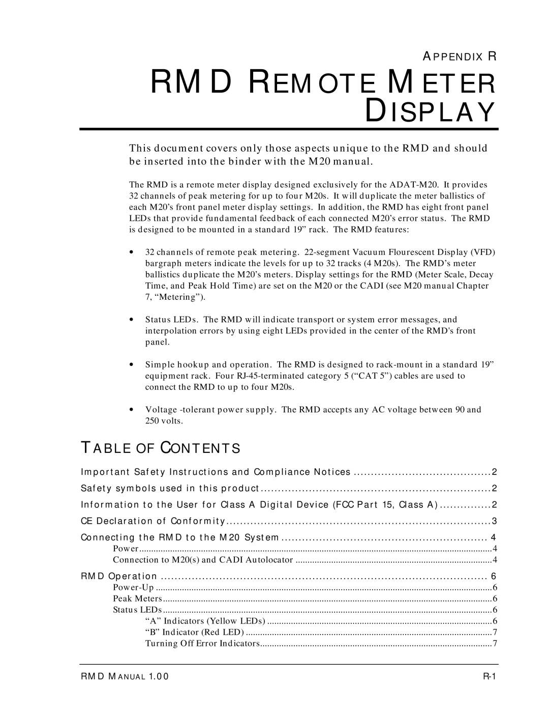 Alesis M20 owner manual RMD Remote Meter Display, Table of Contents 