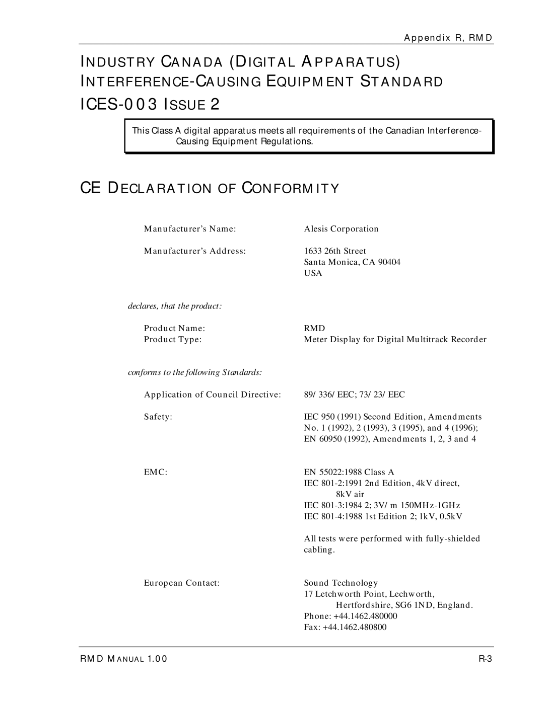 Alesis M20 owner manual CE Declaration of Conformity 