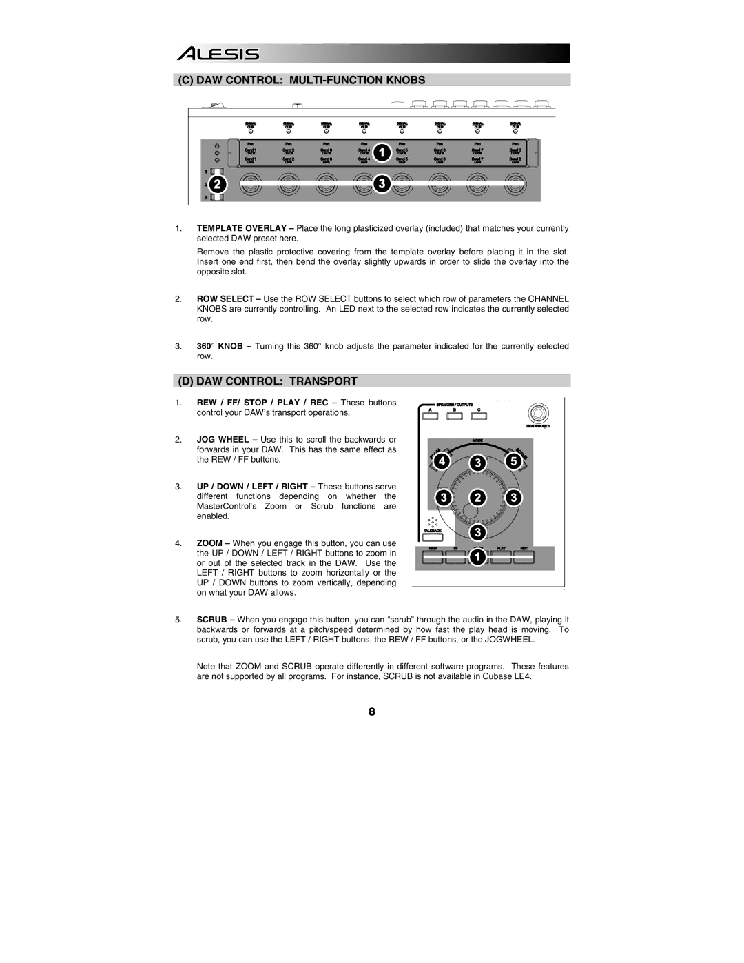 Alesis MasterControl manual DAW Control MULTI-FUNCTION Knobs, DAW Control Transport 