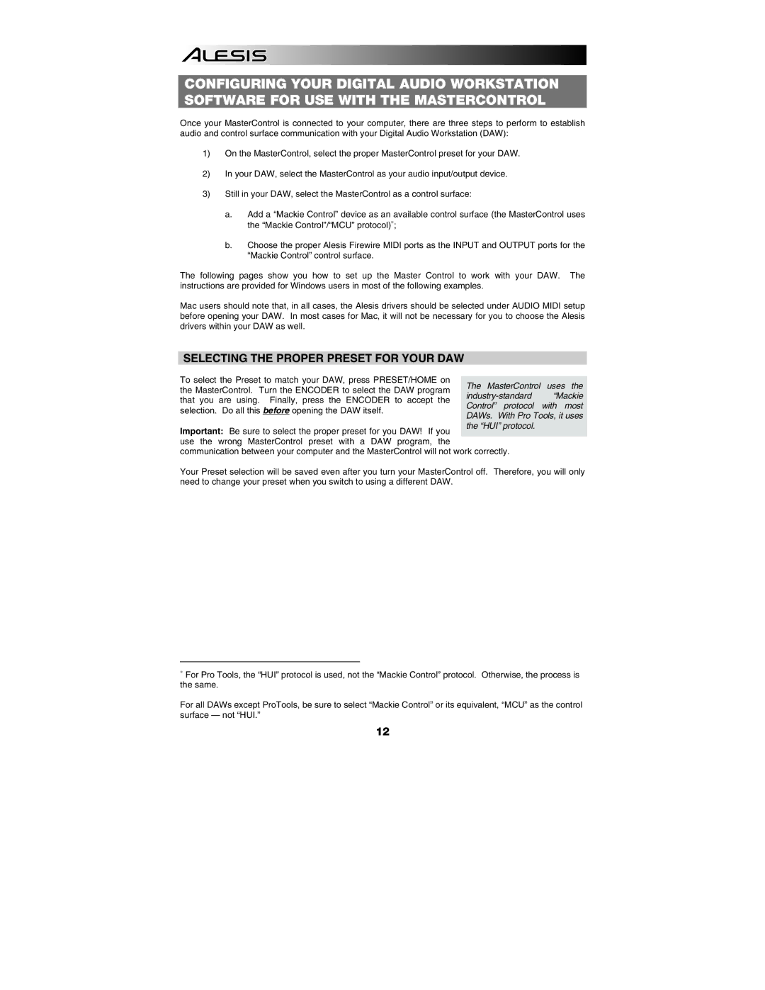 Alesis MasterControl manual Selecting the Proper Preset for Your DAW 