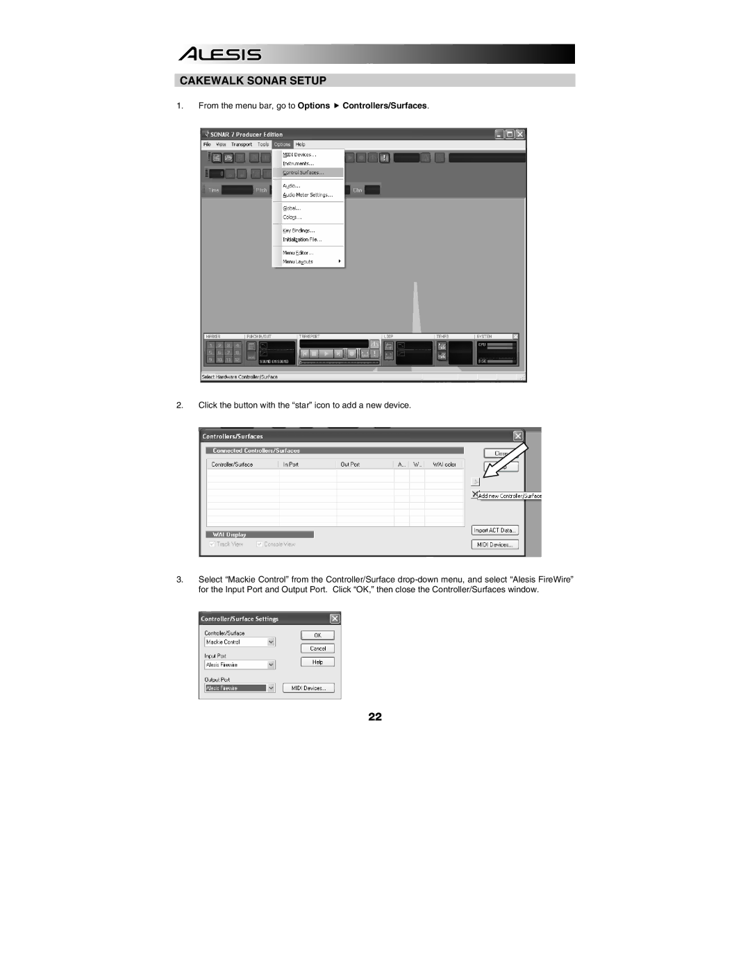 Alesis MasterControl manual Cakewalk Sonar Setup, From the menu bar, go to Options f Controllers/Surfaces 