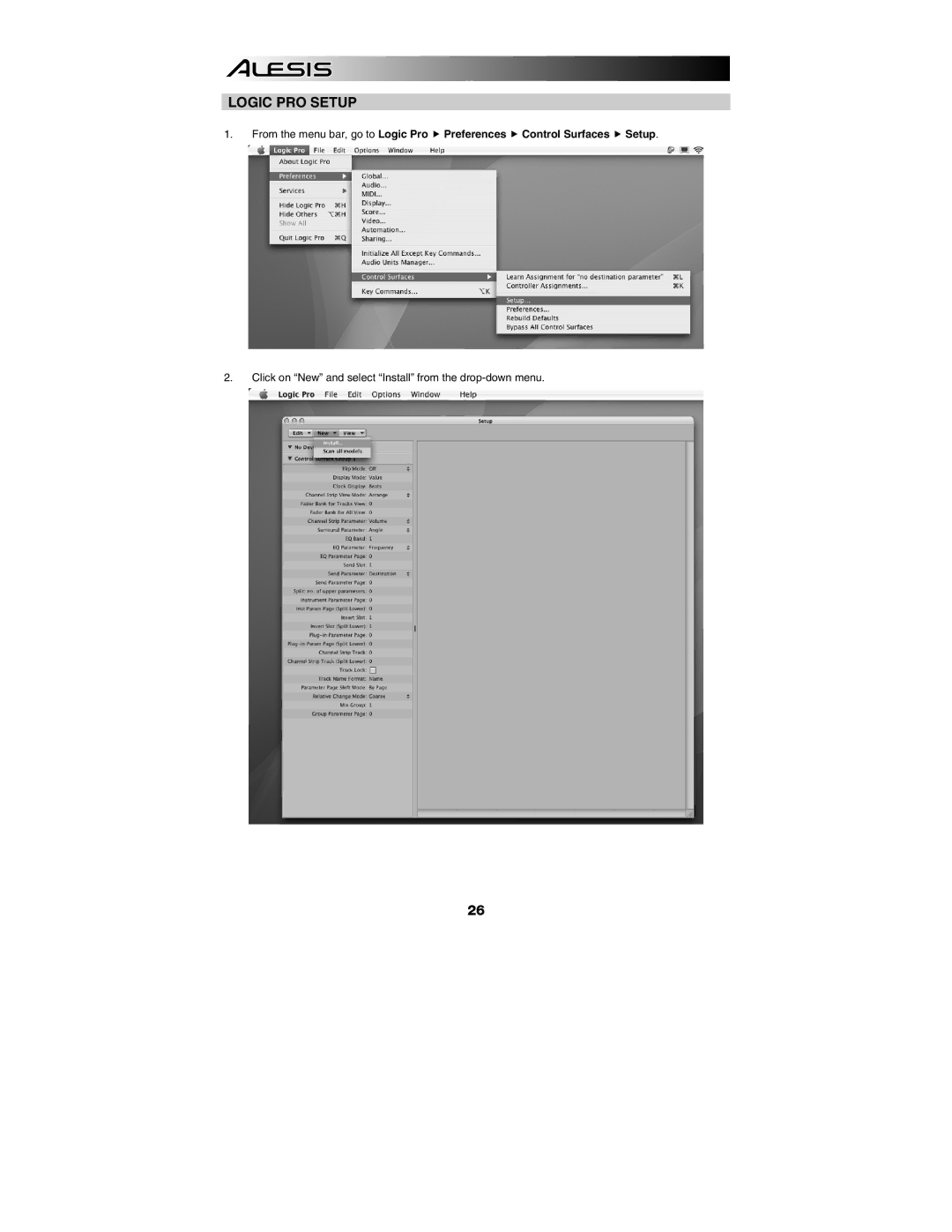 Alesis MasterControl manual Logic PRO Setup 