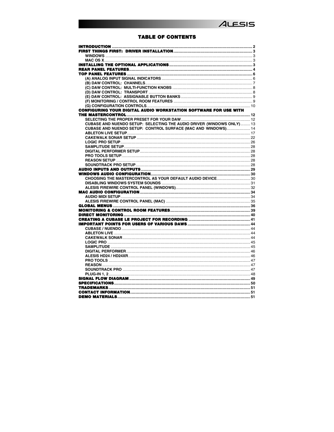 Alesis MasterControl manual Table of Contents 