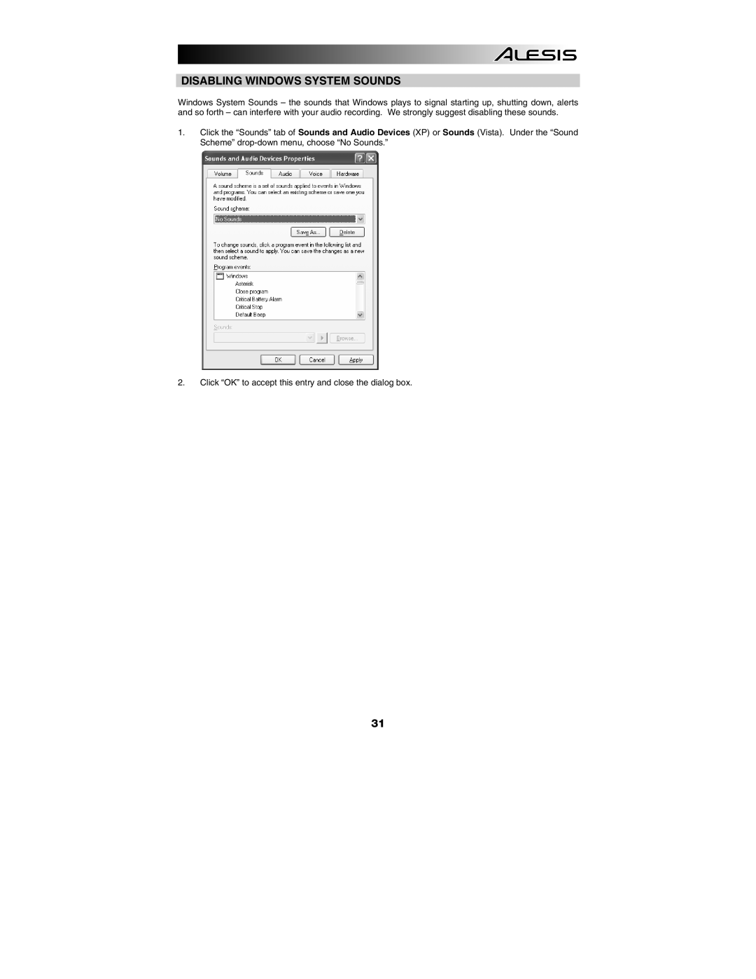 Alesis MasterControl manual Disabling Windows System Sounds 