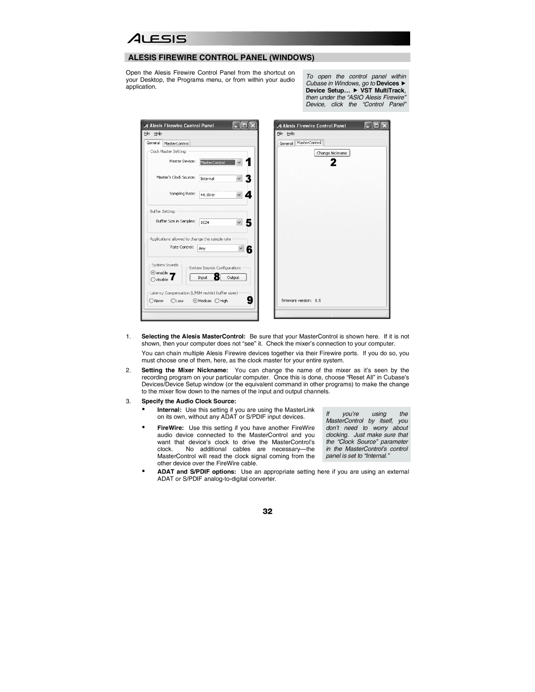 Alesis MasterControl manual Alesis Firewire Control Panel Windows, Specify the Audio Clock Source 