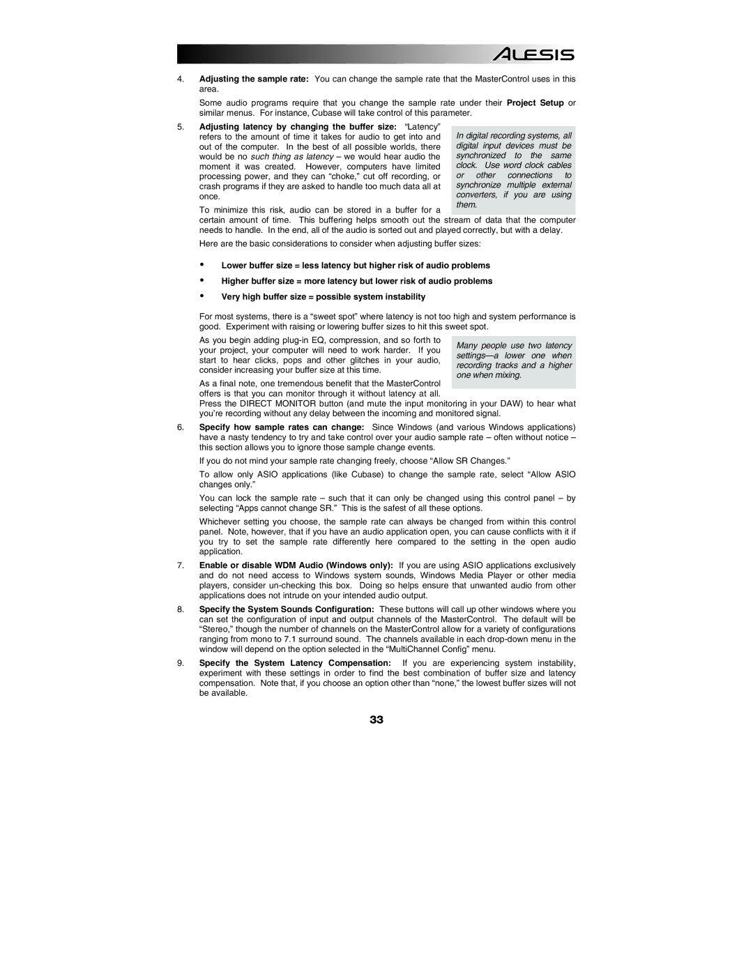 Alesis MasterControl manual Adjusting latency by changing the buffer size Latency 