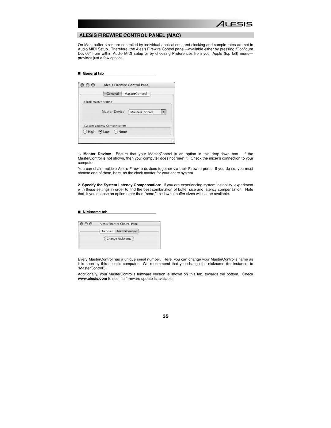 Alesis MasterControl manual Alesis Firewire Control Panel MAC, „ General tab, „ Nickname tab 