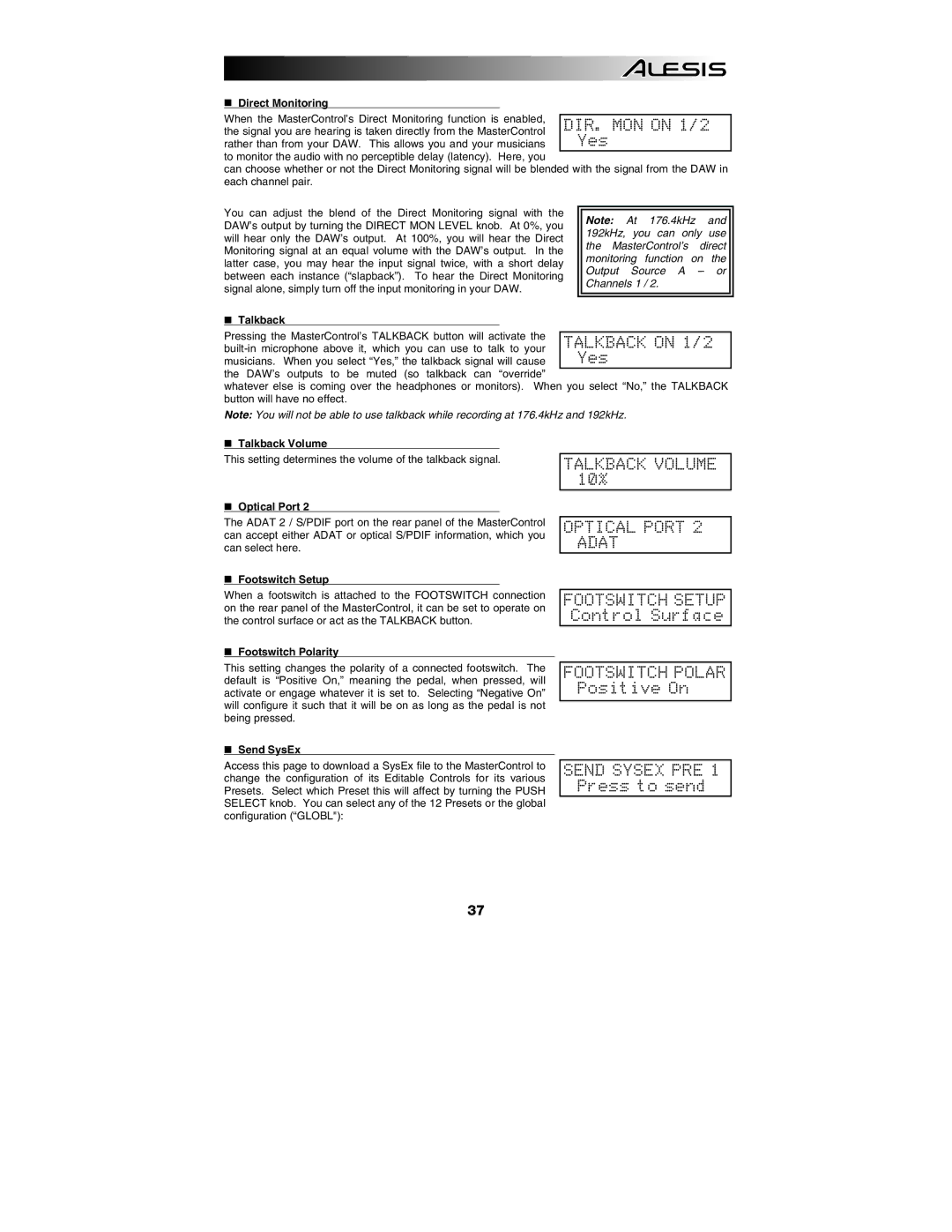 Alesis MasterControl „ Direct Monitoring, „ Talkback Volume, „ Optical Port, „ Footswitch Setup, „ Footswitch Polarity 