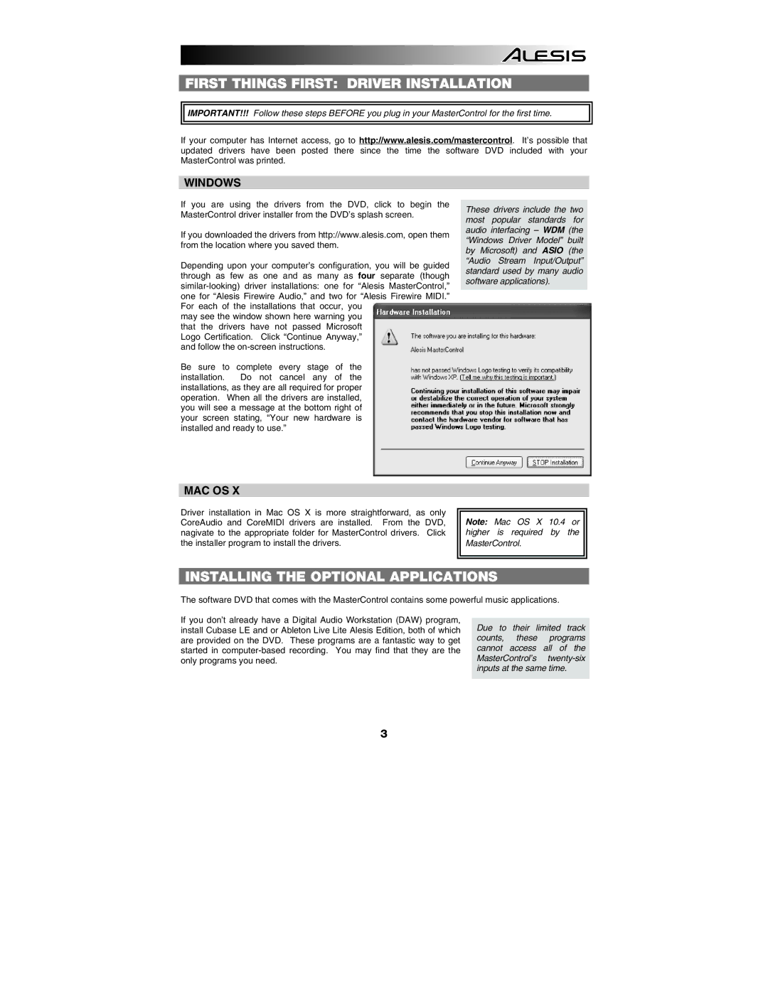 Alesis MasterControl manual First Things First Driver Installation, Installing the Optional Applications, Windows, Mac Os 