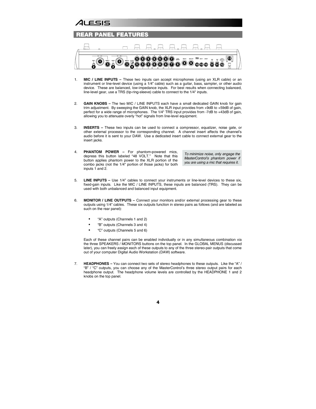 Alesis MasterControl manual Rear Panel Features, To minimize noise, only engage 