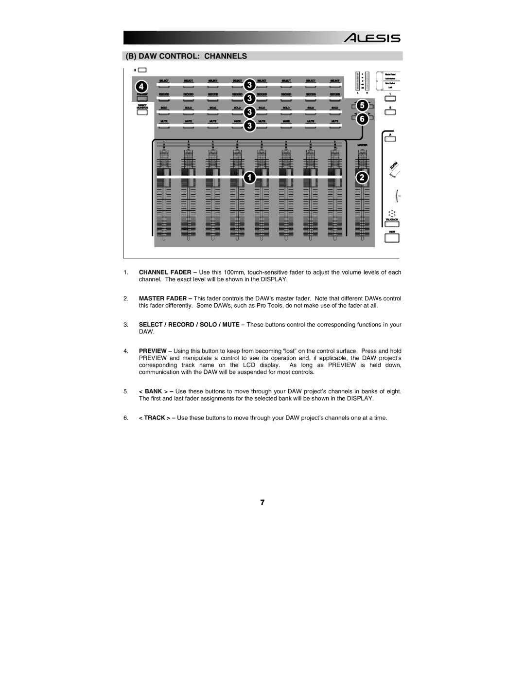 Alesis MasterControl manual DAW Control Channels 