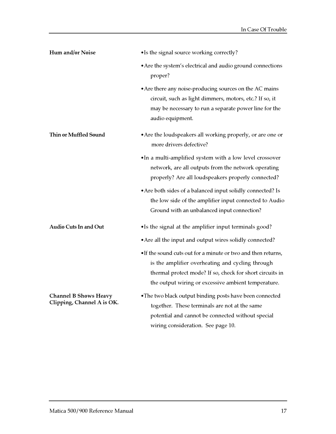Alesis Matica 900, Matica 500 manual Hum and/or Noise, Thin or Muffled Sound, Audio Cuts In and Out, Channel B Shows Heavy 