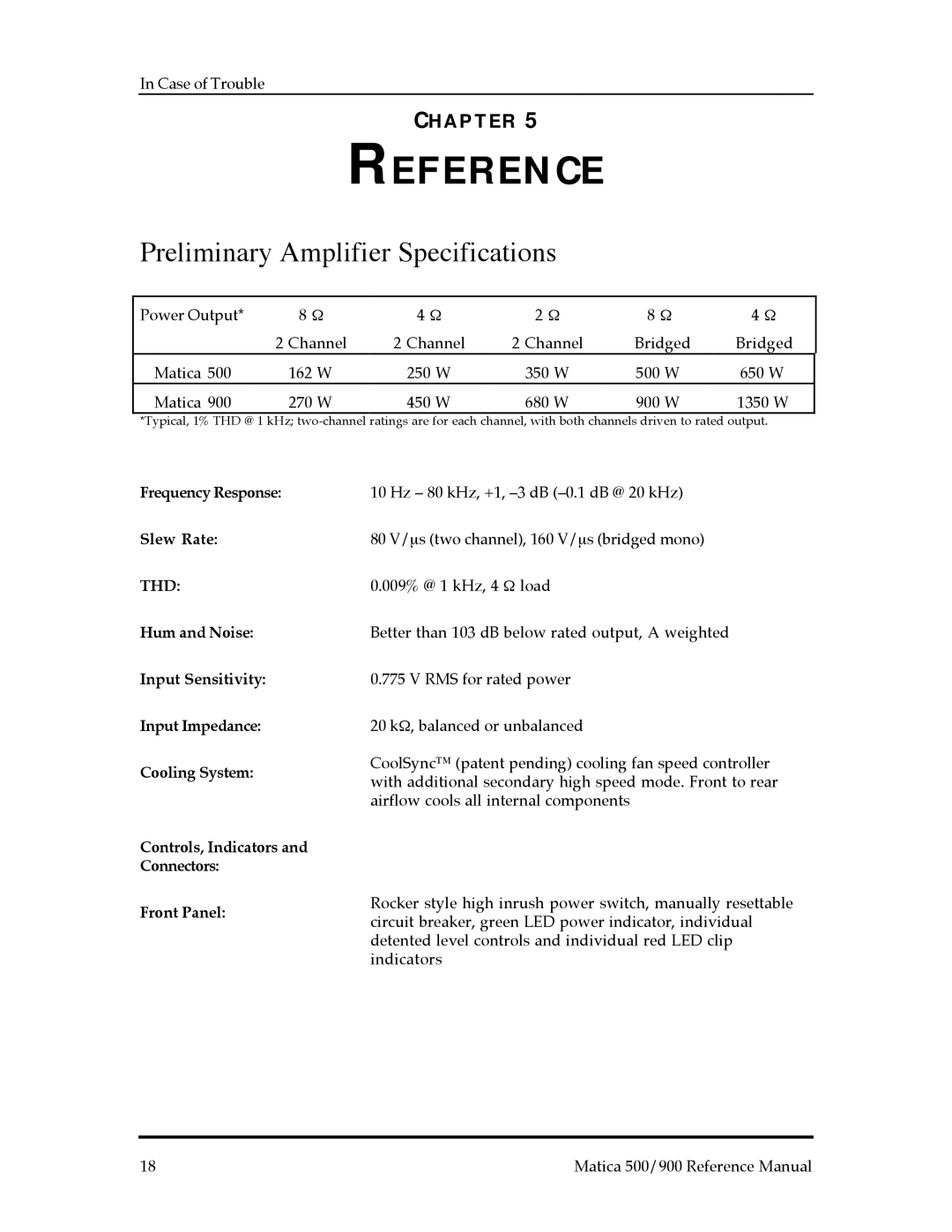 Alesis Matica 500, Matica 900 manual Reference, Preliminary Amplifier Specifications 