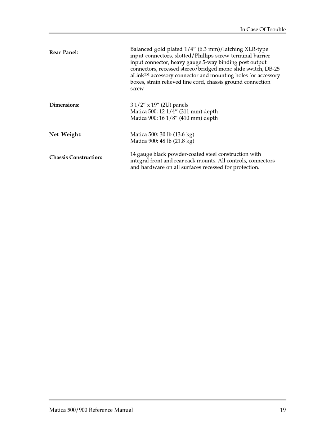 Alesis Matica 900, Matica 500 manual Rear Panel Dimensions Net Weight Chassis Construction 