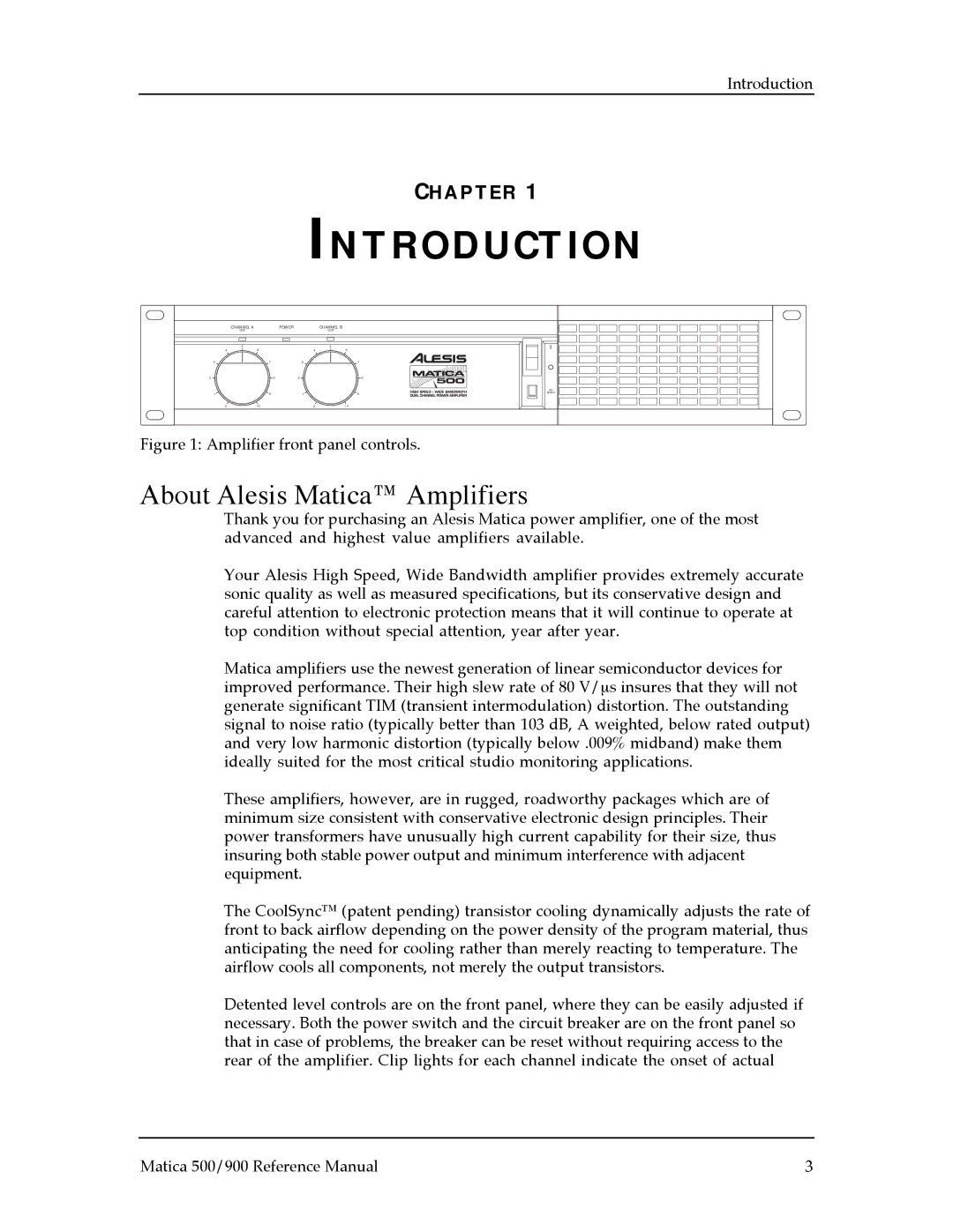 Alesis Matica 900, Matica 500 manual Introduction, About Alesis Maticaª Amplifiers 