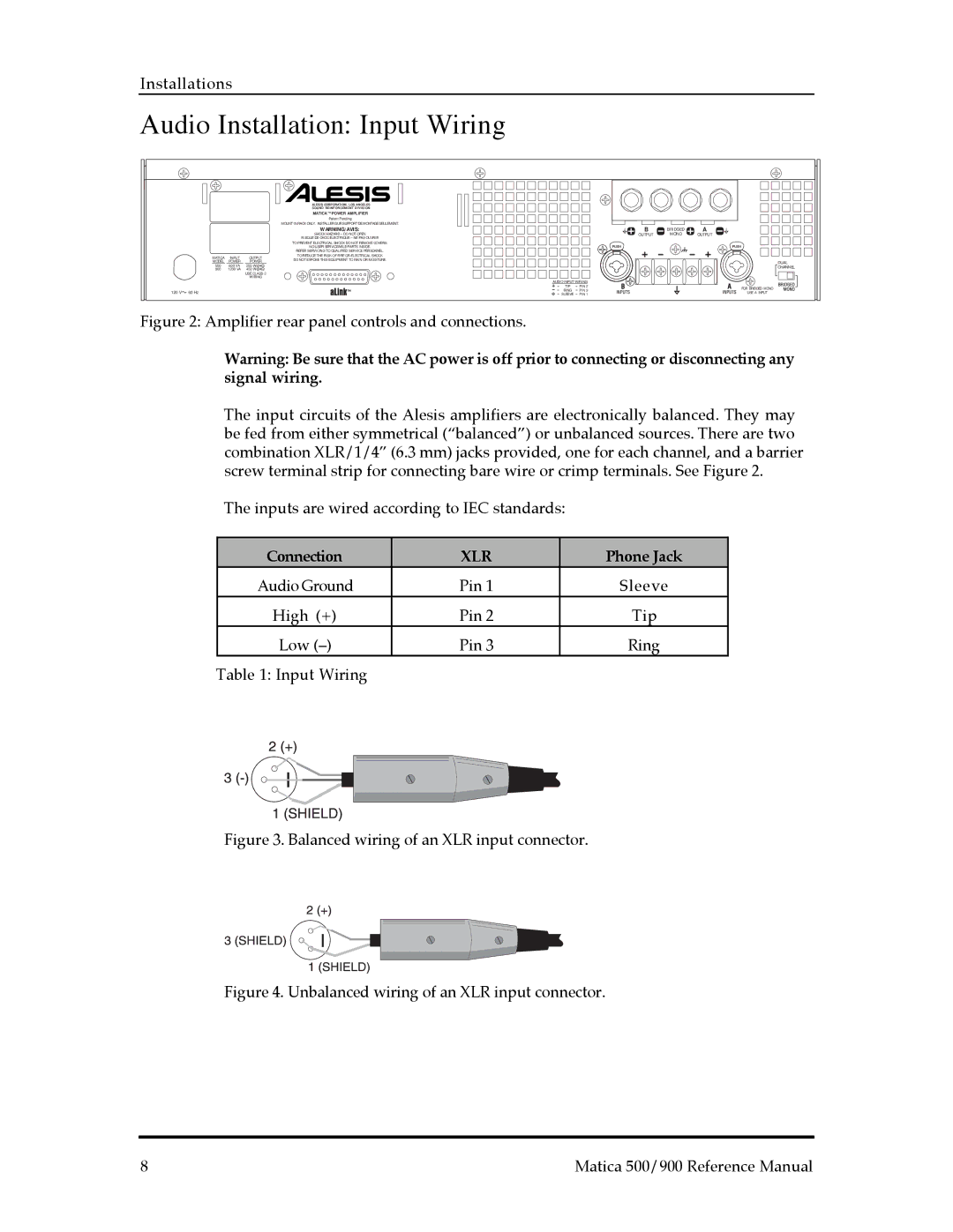 Alesis Matica 500, Matica 900 manual Audio Installation Input Wiring, Connection, Phone Jack 