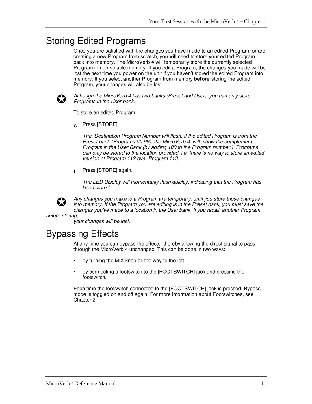 Alesis MICROVERB 4 manual Storing Edited Programs, Bypassing Effects 