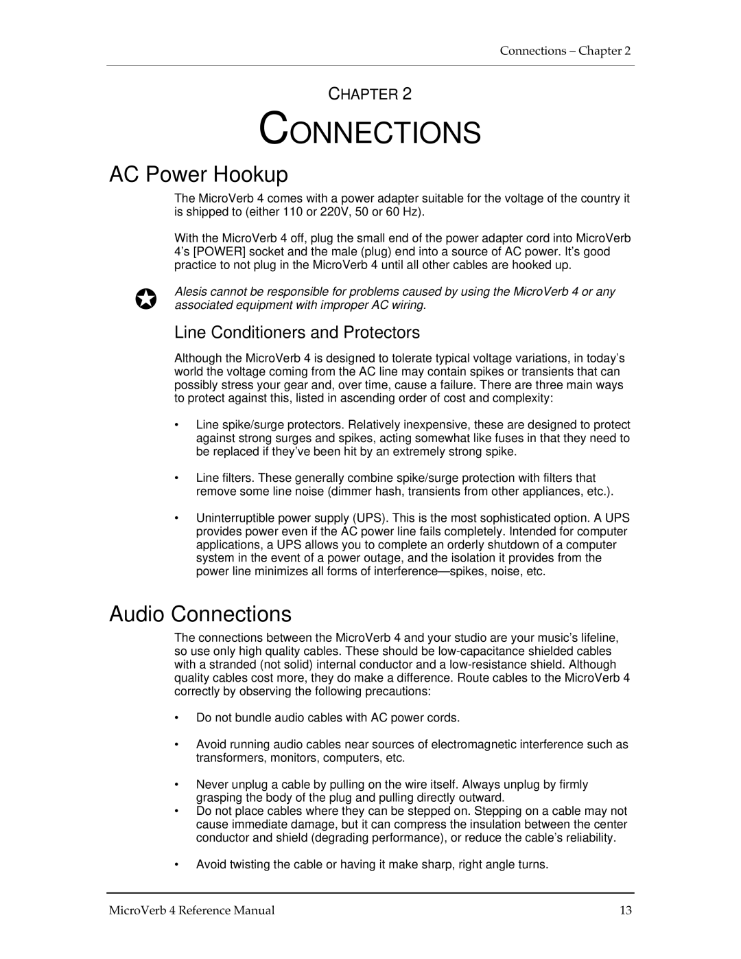 Alesis MICROVERB 4 manual AC Power Hookup, Audio Connections, Line Conditioners and Protectors 