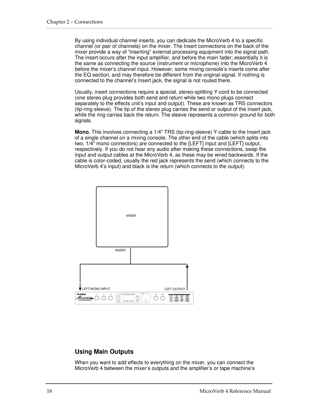 Alesis MICROVERB 4 manual Using Main Outputs 