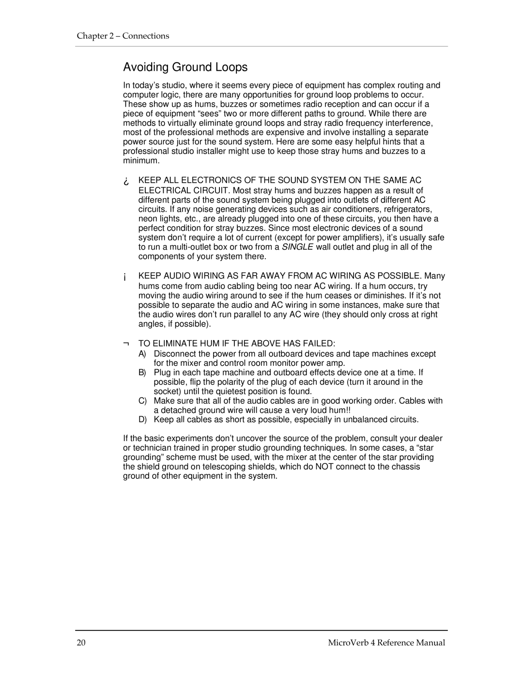 Alesis MICROVERB 4 manual Avoiding Ground Loops, ¬ to Eliminate HUM if the Above has Failed 