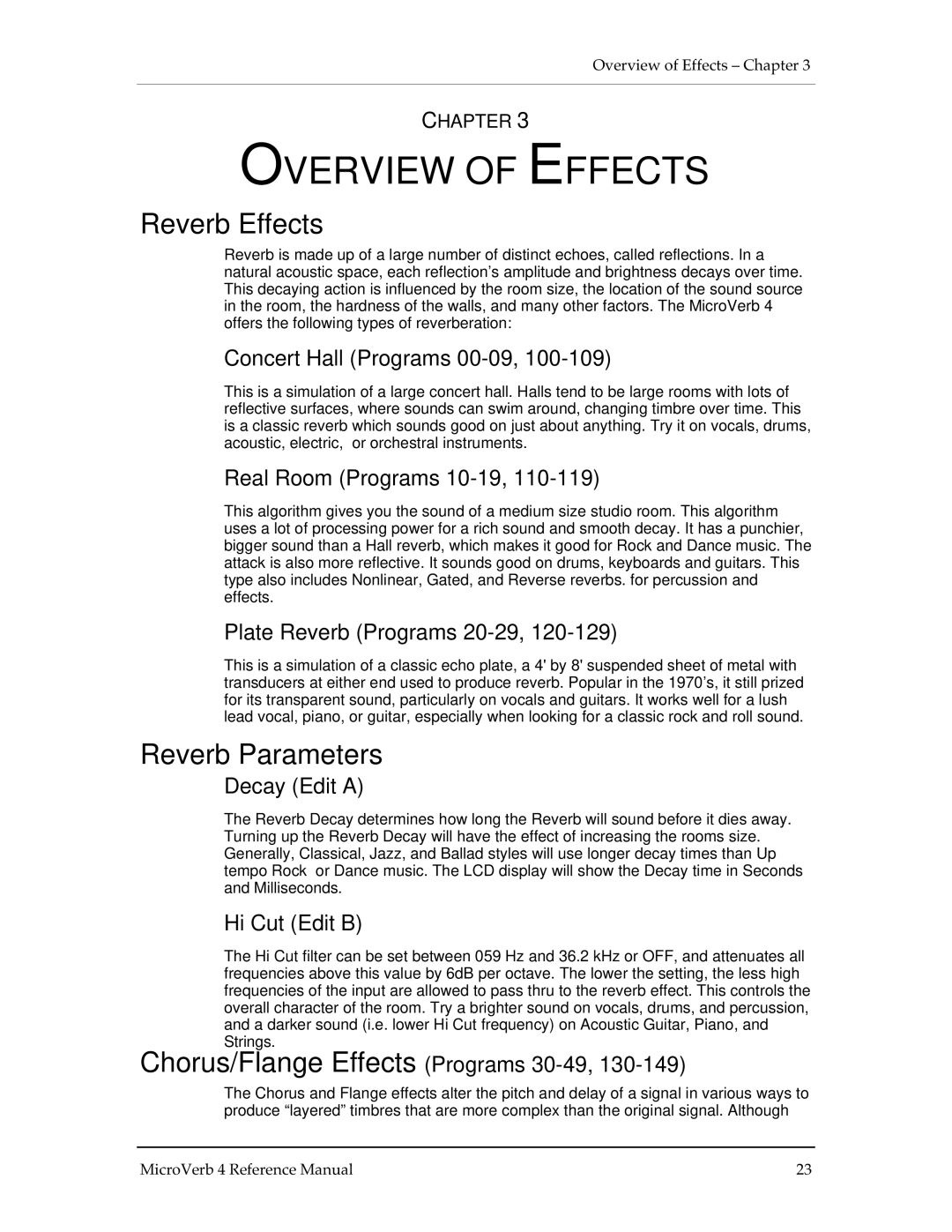 Alesis MICROVERB 4 manual Overview of Effects, Reverb Effects, Reverb Parameters 