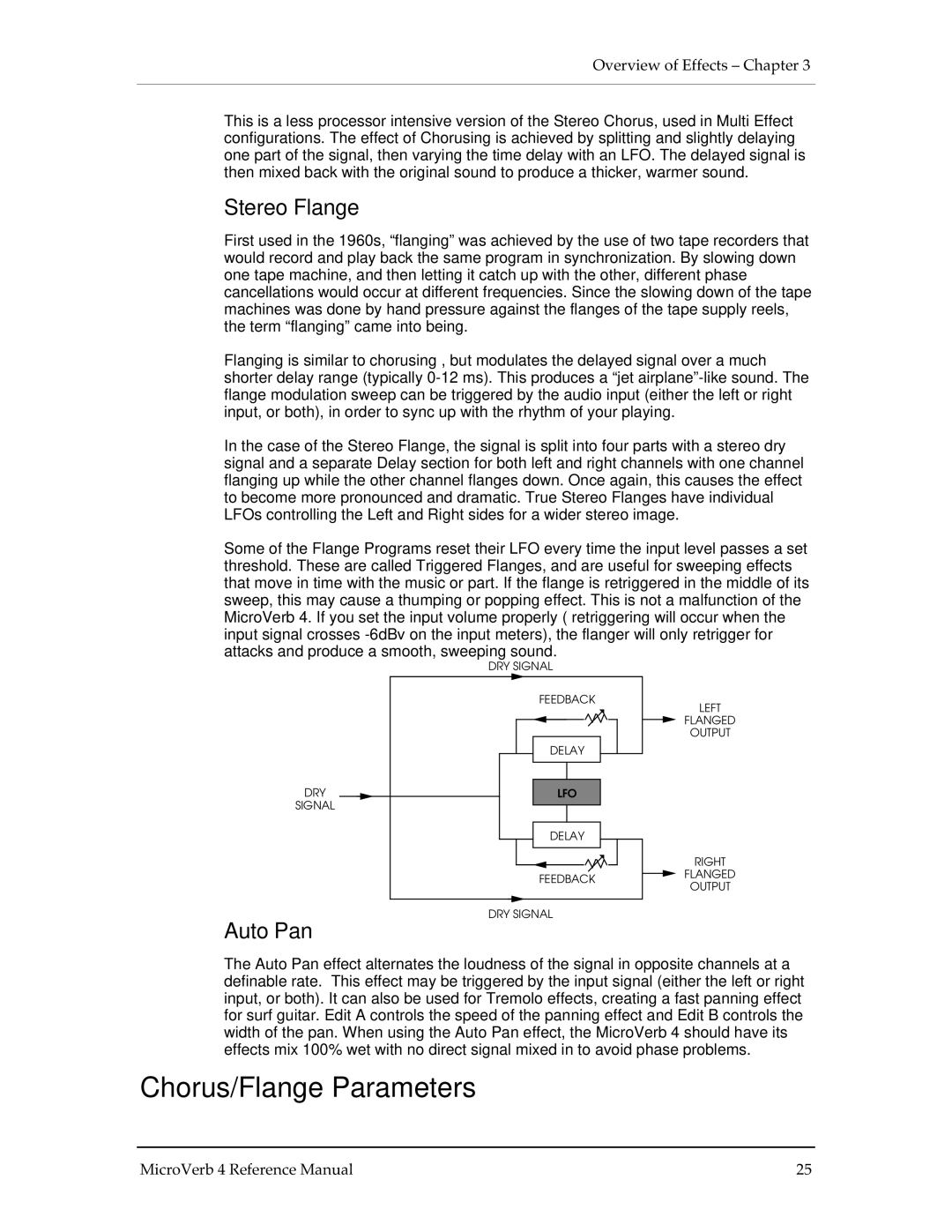 Alesis MICROVERB 4 manual Chorus/Flange Parameters, Stereo Flange, Auto Pan 