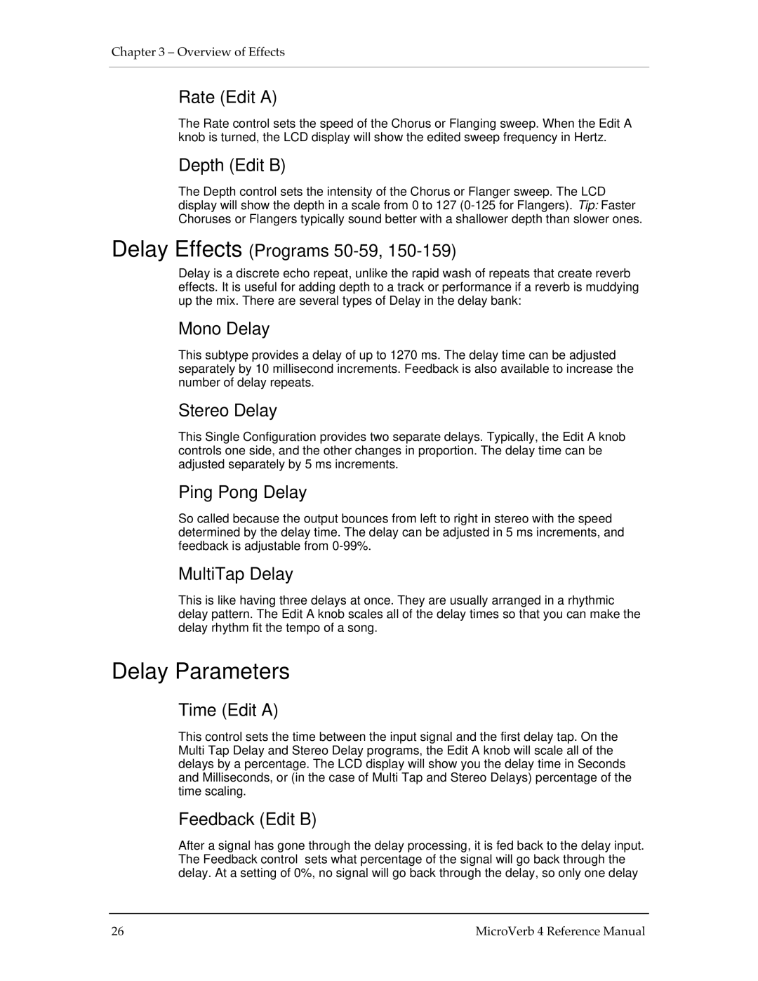 Alesis MICROVERB 4 manual Delay Parameters 