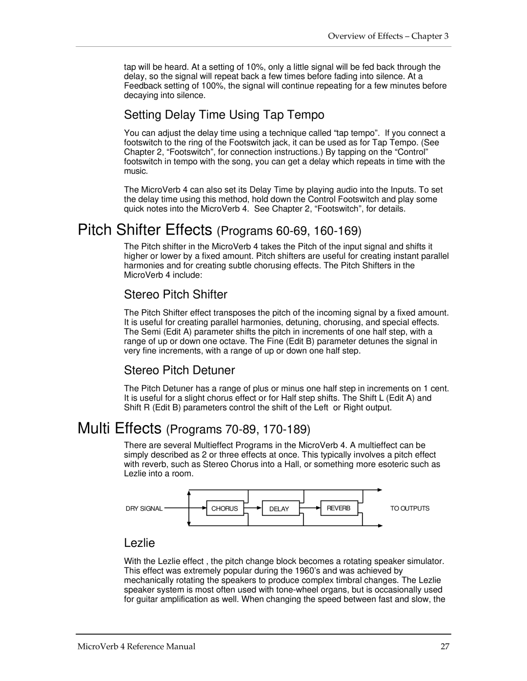 Alesis MICROVERB 4 Setting Delay Time Using Tap Tempo, Pitch Shifter Effects Programs 60-69, Stereo Pitch Shifter, Lezlie 