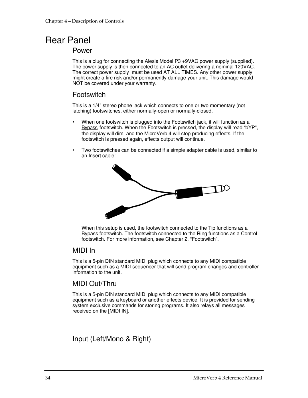 Alesis MICROVERB 4 manual Rear Panel 