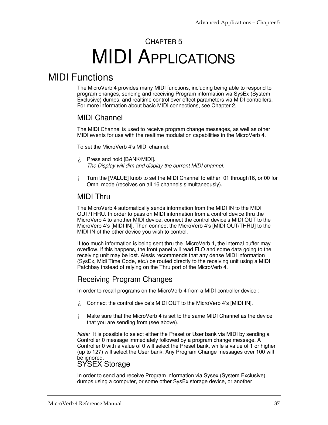 Alesis MICROVERB 4 manual Midi Applications, Midi Functions 