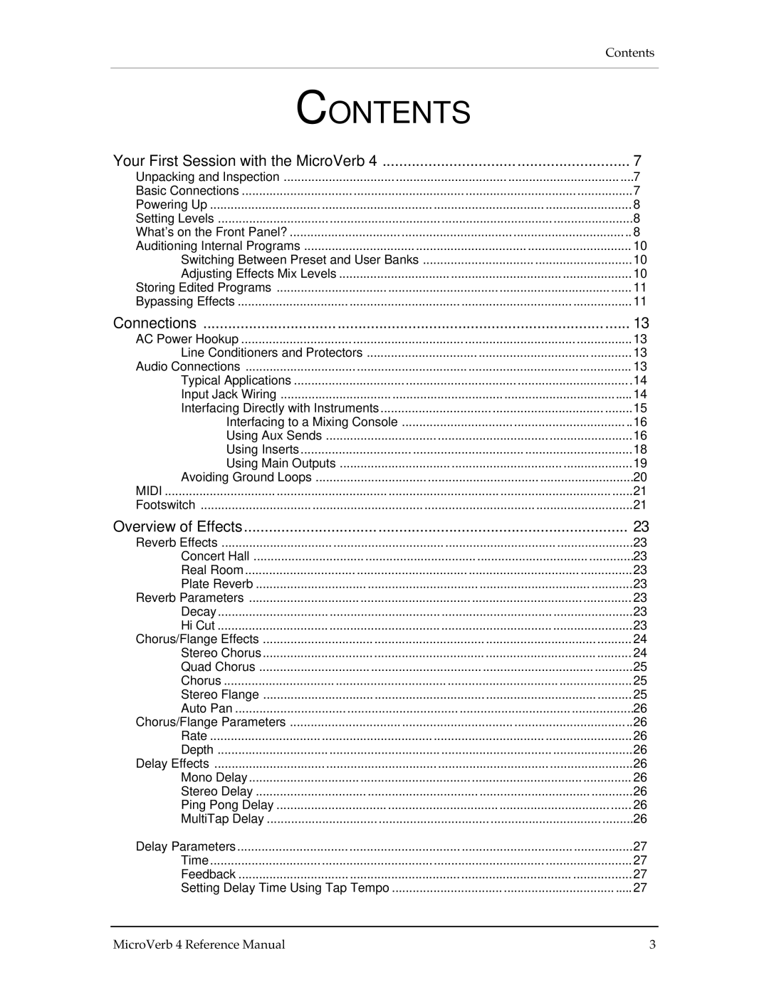 Alesis MICROVERB 4 manual Contents 