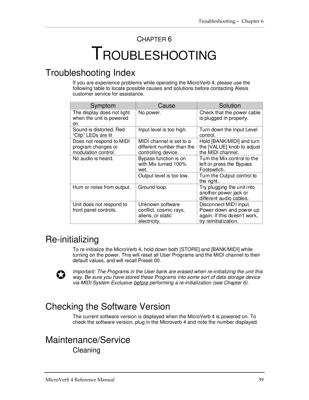 Alesis MICROVERB 4 manual Troubleshooting Index, Re-initializing, Checking the Software Version, Maintenance/Service 