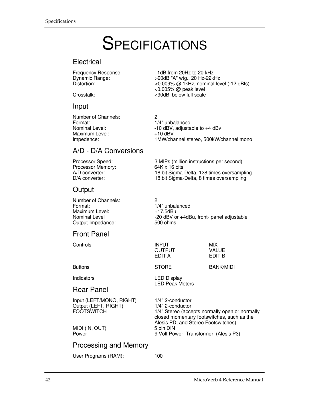 Alesis MICROVERB 4 manual Specifications 