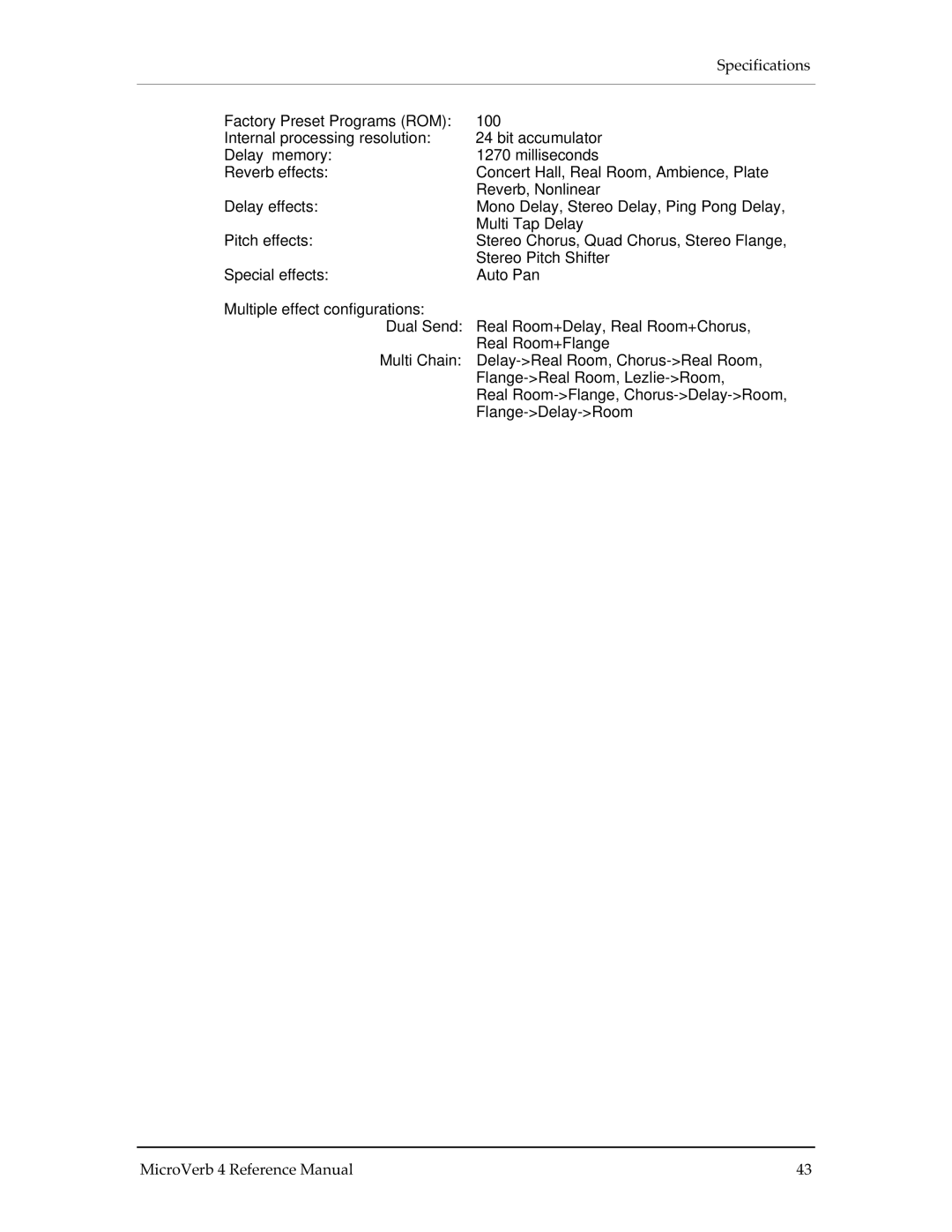 Alesis MICROVERB 4 manual Specifications 