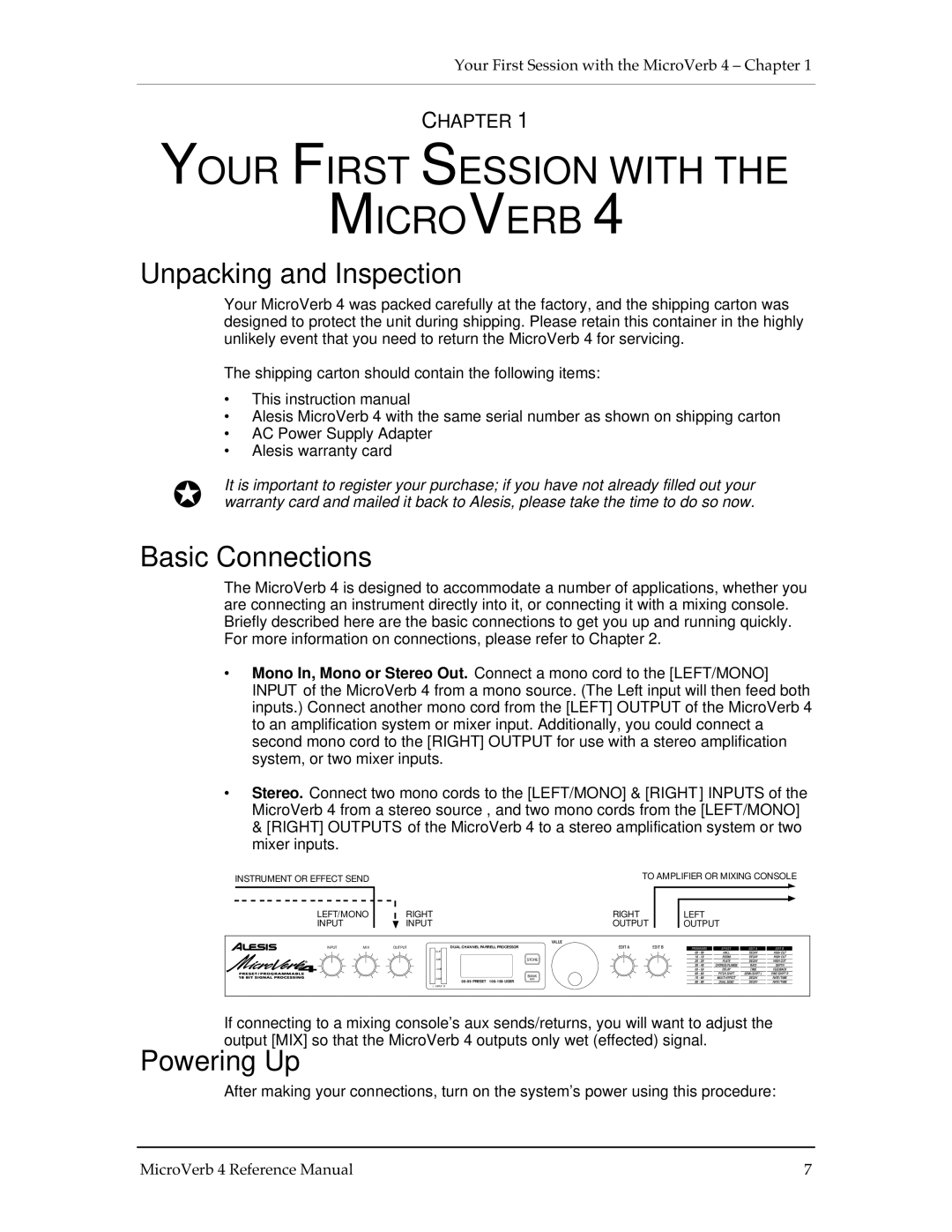 Alesis MICROVERB 4 manual Your First Session with Microverb, Unpacking and Inspection, Basic Connections, Powering Up 