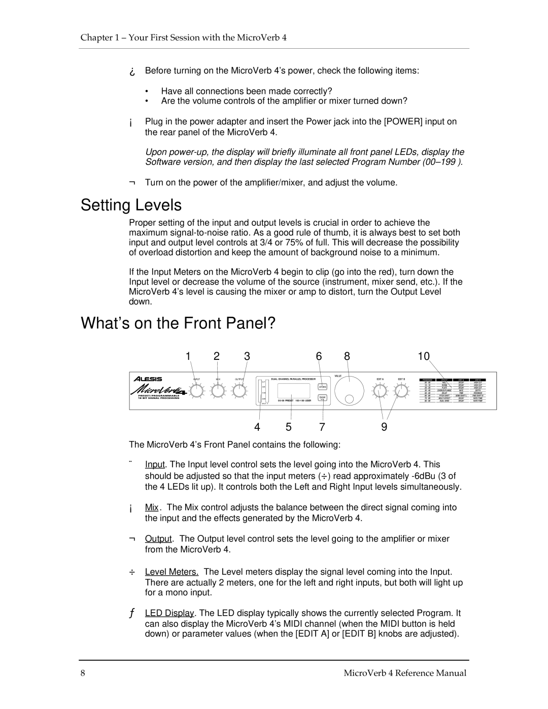 Alesis MICROVERB 4 manual Setting Levels, What’s on the Front Panel? 