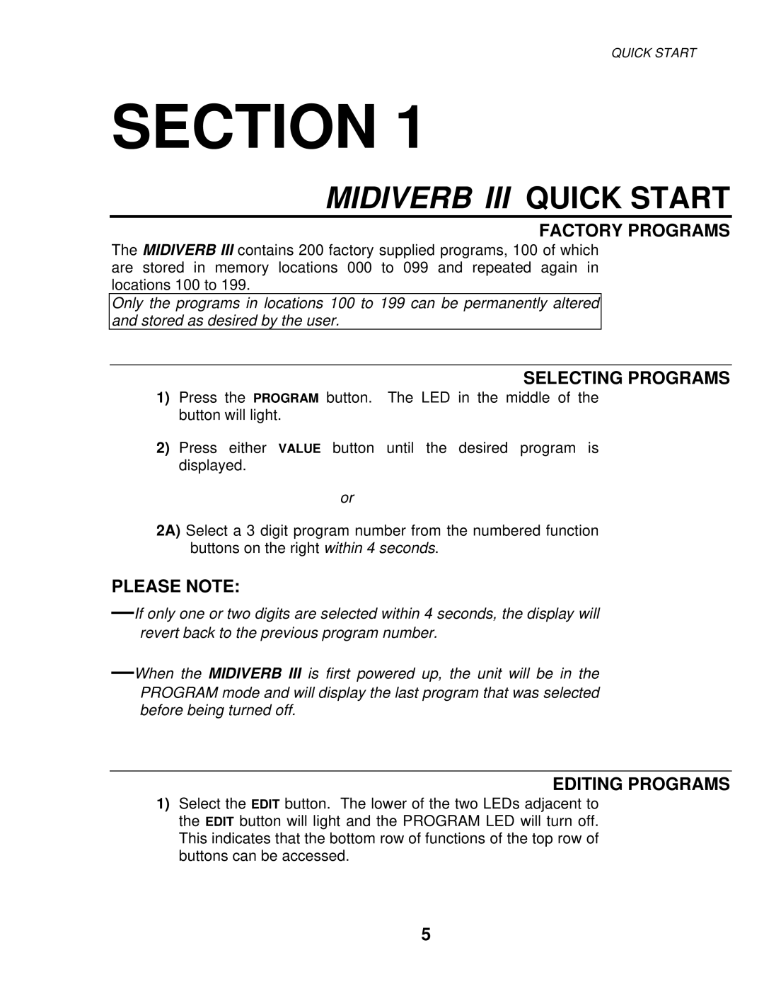 Alesis MIXING CONSOLES manual Factory Programs, Selecting Programs, Please Note, Editing Programs 