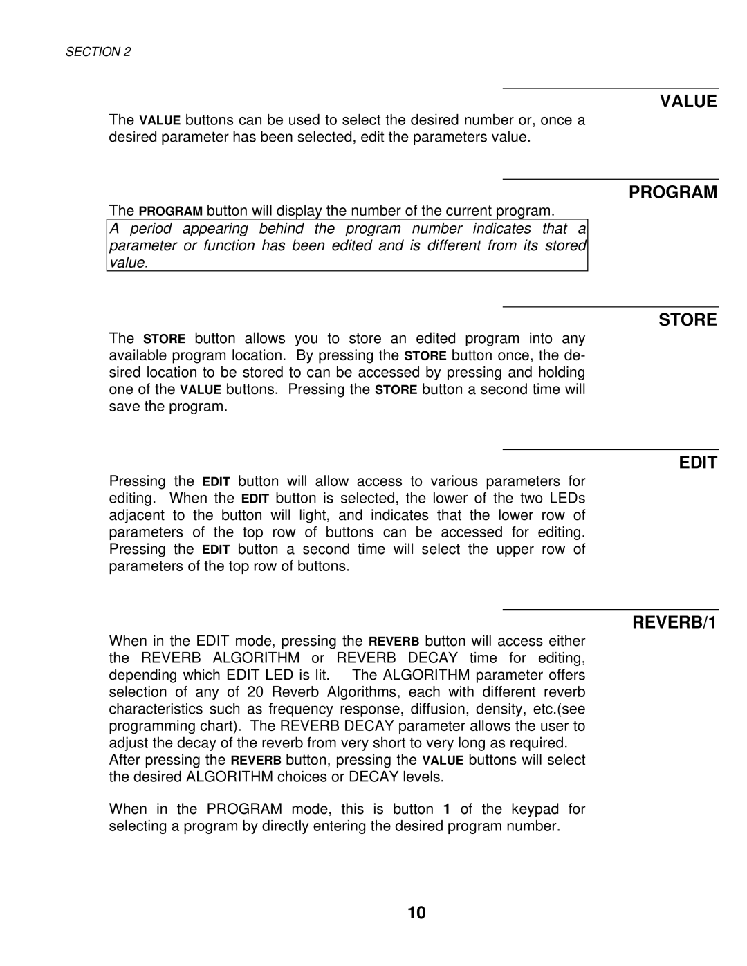 Alesis MIXING CONSOLES manual Value, Program, Store, Edit, REVERB/1 