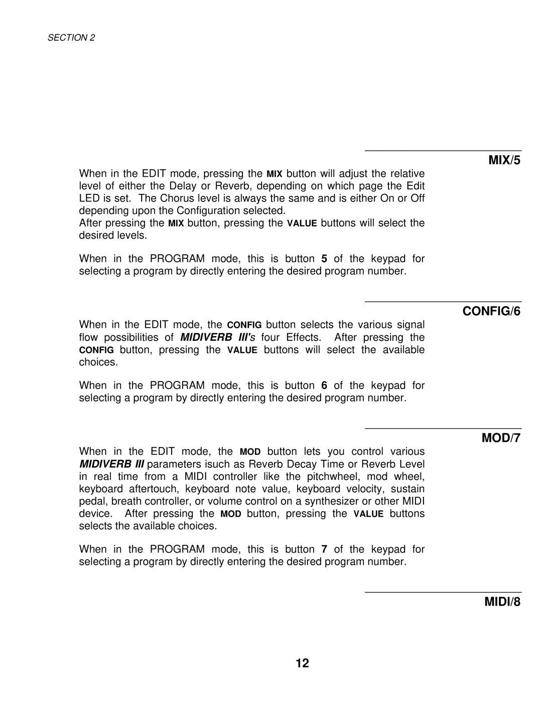 Alesis MIXING CONSOLES manual MIX/5, CONFIG/6, MOD/7, MIDI/8 