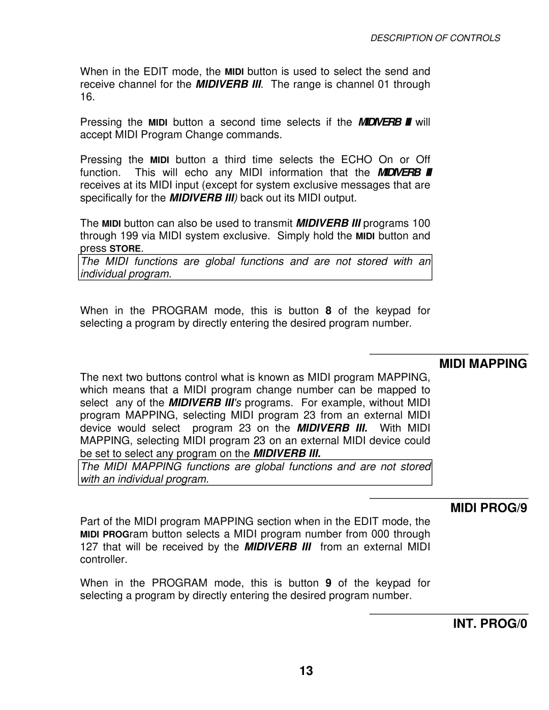 Alesis MIXING CONSOLES manual Midi Mapping, Midi PROG/9, INT. PROG/0 