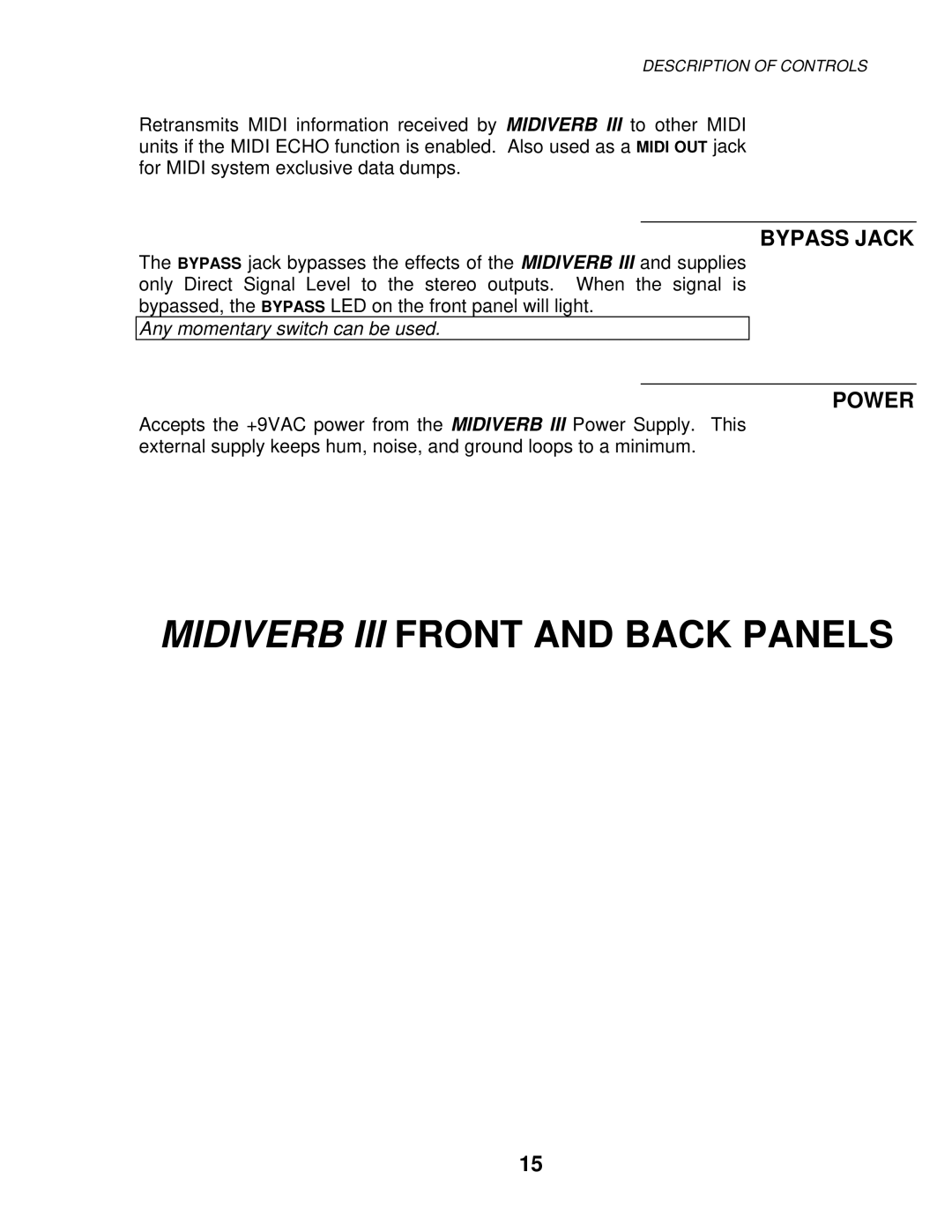 Alesis MIXING CONSOLES manual Midiverb III Front and Back Panels, Bypass Jack, Power 