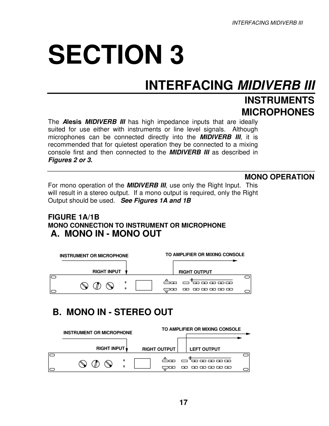 Alesis MIXING CONSOLES manual Interfacing Midiverb, Instruments Microphones, Mono Operation 