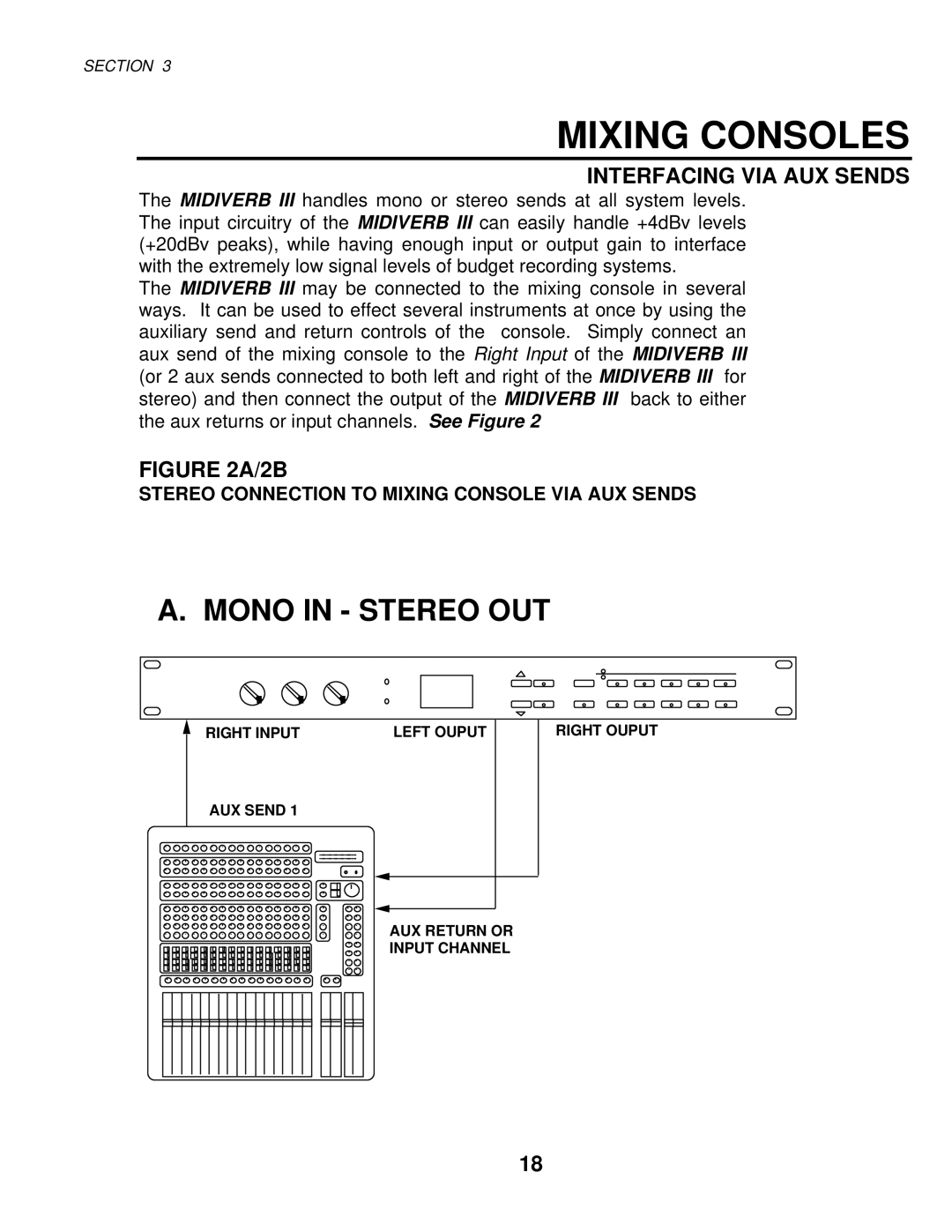 Alesis MIXING CONSOLES manual Mixing Consoles, Interfacing VIA AUX Sends, Stereo Connection to Mixing Console VIA AUX Sends 